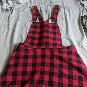 Red and black plaid overall jumper dress
